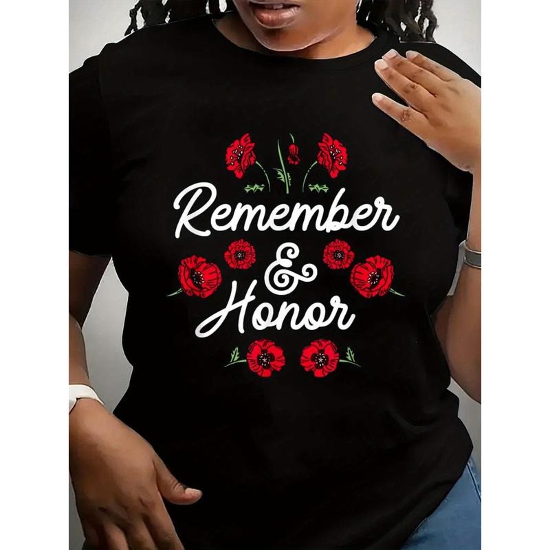 Women'WB shield Memorial Day Red Poppy Flower & "Remember & Honor" Print T-Shirt
