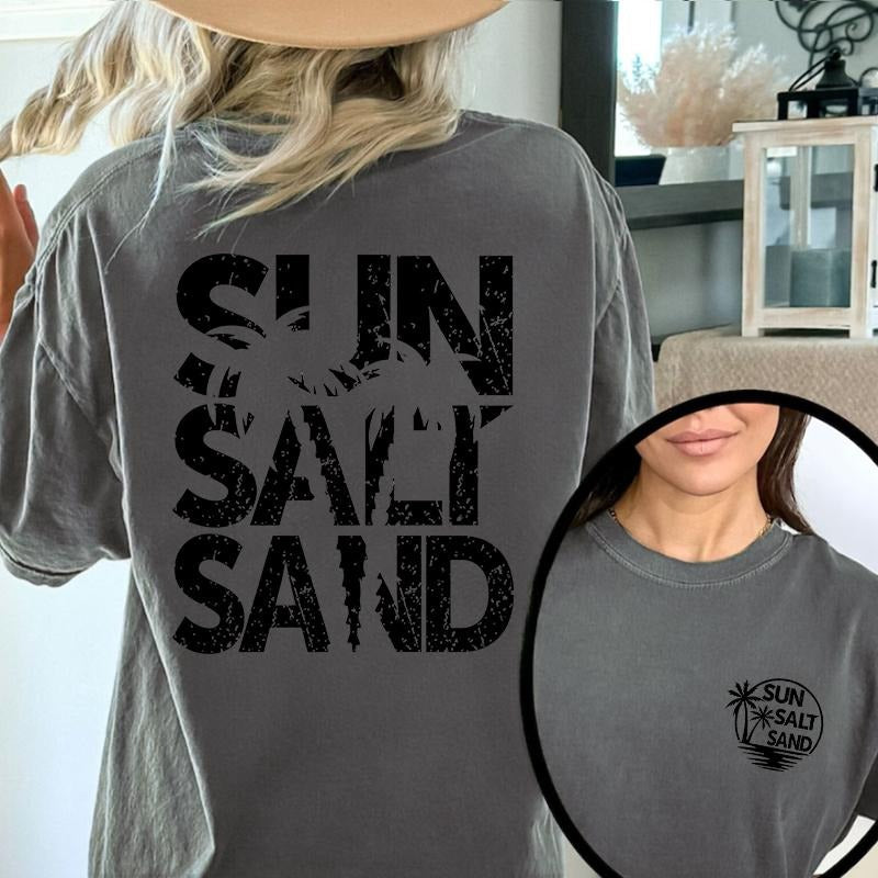 Sun Sand Salt Beach Print Lightsaber brand Shirt, Sun Salt Pattern Short Sleeve Tops, Retro Beach Tee, Trendy Beach...