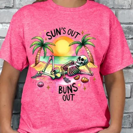 Sun's Out Buns Out T-shirt - Pink Casual T-Shirt with Graphic Design Featuring Sun, Skeleton, and Palm Trees Hoodie,...