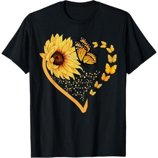Sunflower Butterfly Heart Summer Floral T-Shirt Made in USA