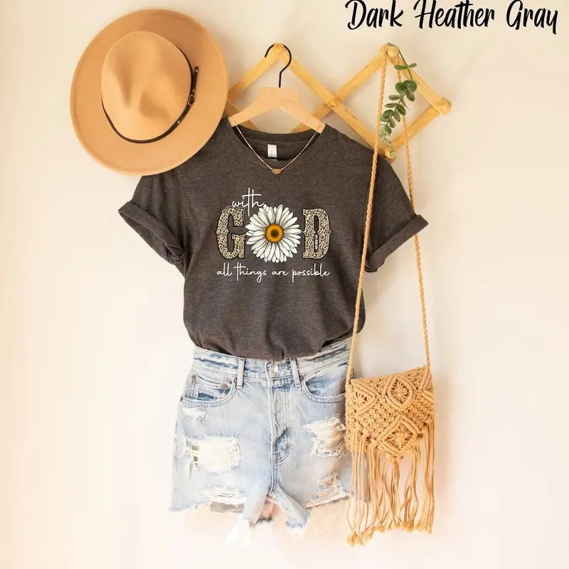 Sunflower Shirt with God All Things Are Possible Design, Religious Shirt for Women, Inspirational & Christian Wear,...