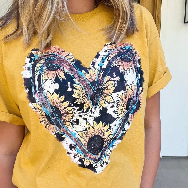 Sunflower and Turquoise Heart Graphic Tee