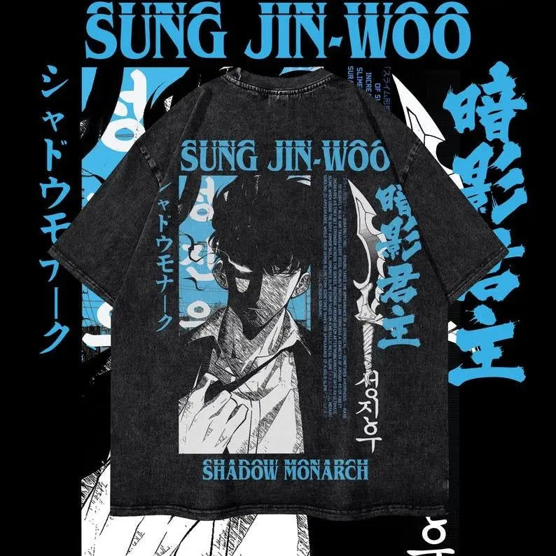 Sung Jin-Woo Heavy Oversized Dyenomite Mineral Wash T-Shirt Unisex Solo Leveling Anime T-Shirt Streetwear & Gym Style Cotton Menswear