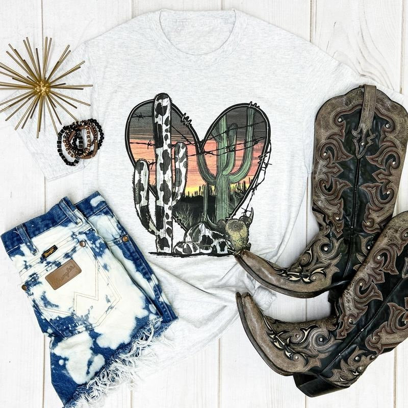Sunset Heart Cow Cactus Graphic Tee