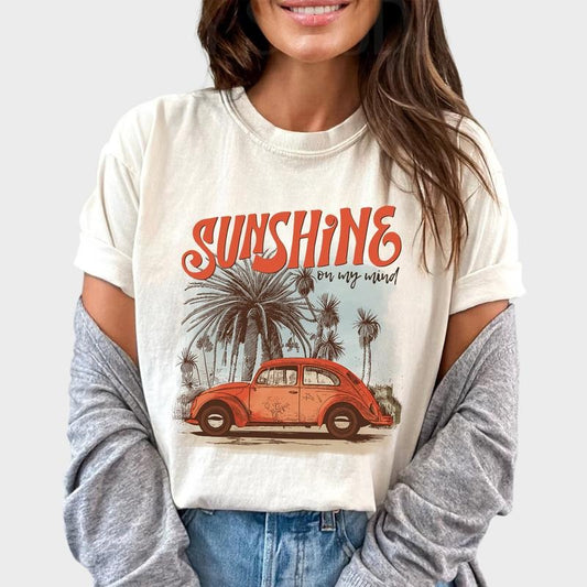 Sunshine On My Mind Shirt, Summer Graphic Printed Tee, Summer Vibes Unhinged Shirt, Vacation Comfy Fabric Graphic Tee, Positive Vibes T-shirt, Women's Tops, Womenswear, Cotton Fabric Relaxed Fit Chic Style