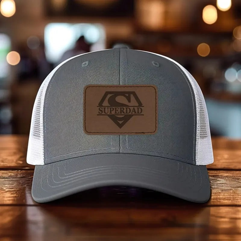 Super Dad Mesh Back Trucker Cap Engraved Faux-Leather Patch Adjustable Hat, Father's Day Gift, Hat For Dad T-Shirts,...
