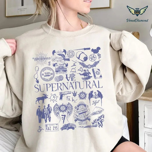 Supernatural Movie Vintage Doodle Art Blue Shirt  Supernatural Vintage Shirt  Dean Winchester Shirt  Winchester Brothers Dean Winchester