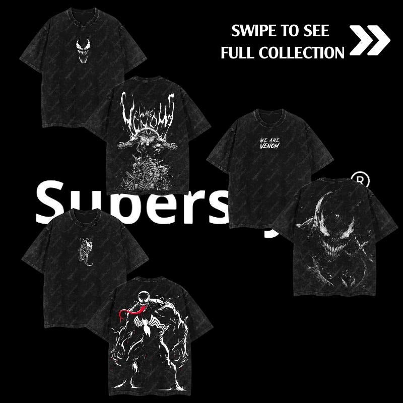 Superstyle Black Suit Spidey Symbiote MCU Bat brand Double Printed Oversize Lightweight Acid Washed Tee TV Series Graphic...
