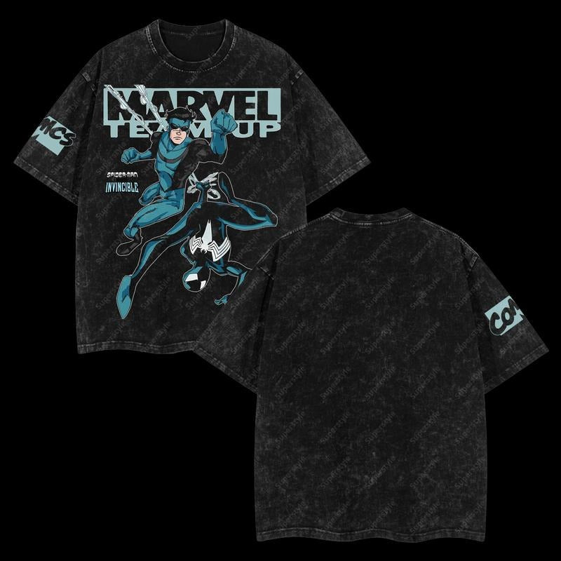 Superstyle MTU Spidey vs Invincible WB shield Bat brand Double Printed Oversize Lightweight Acid Washed Tee TV Series...