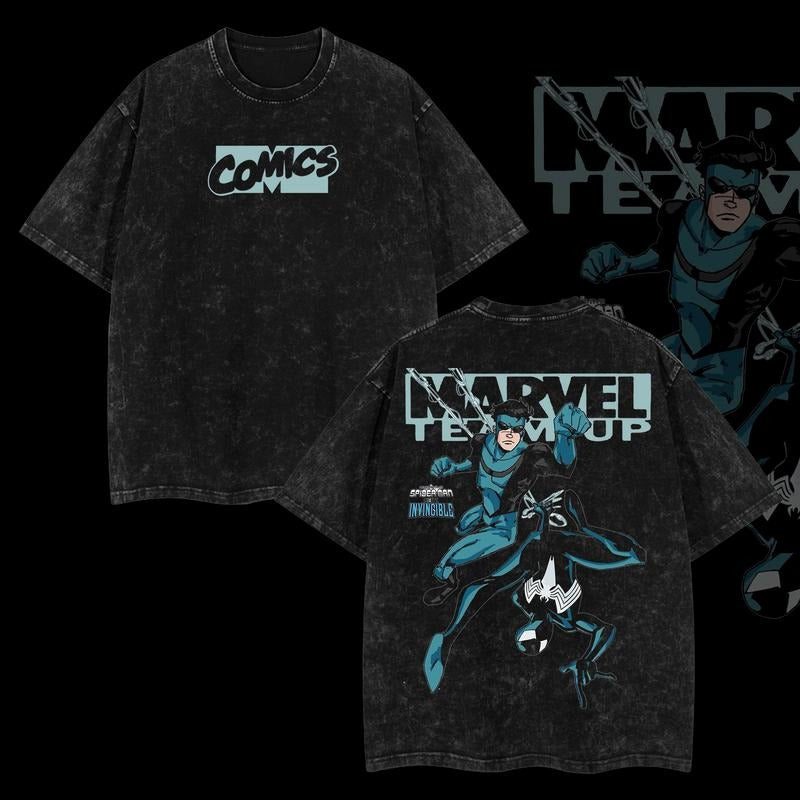 Superstyle MTU Spidey vs Mark Grayson Invincible WB shield Bat brand Double Printed Oversize Lightweight Acid Washed Tee...