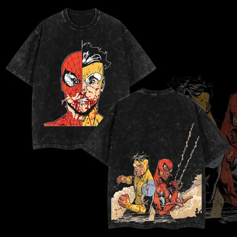 Superstyle Spidey vs Mark Grayson Invincible WB shield Bat brand Double Printed Oversize Lightweight Acid Washed Tee TV...
