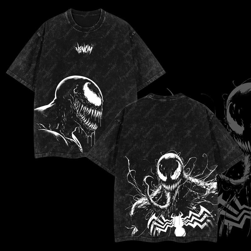 Superstyle Symbiote Entity Black Spidey MCU Bat brand Double Printed Oversize Lightweight Acid Washed Tee TV Series...