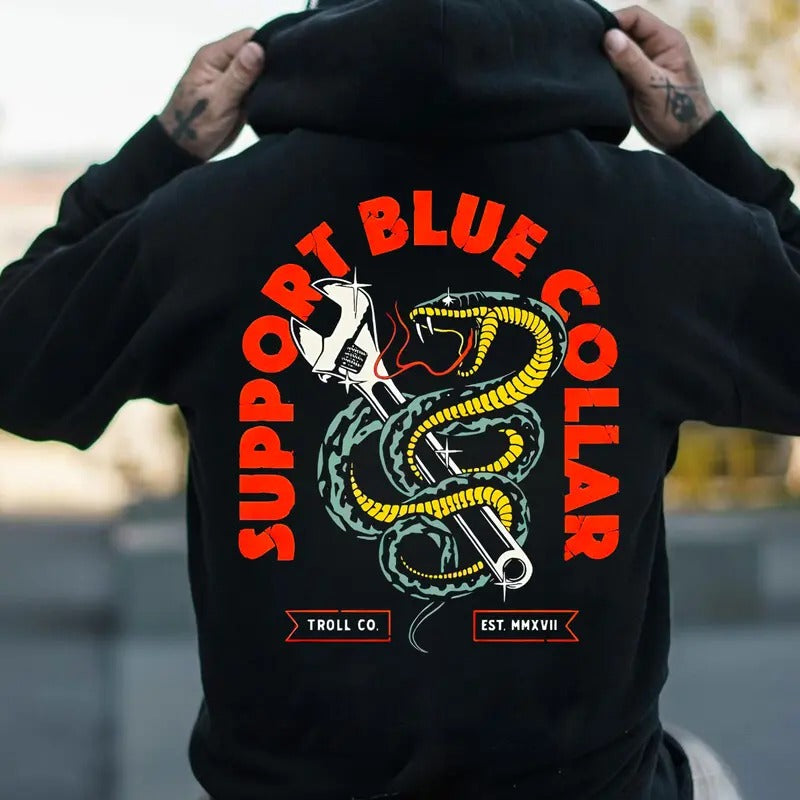 Support Blue Colar Troll Co T-shirt Sweatshirt Hoodie, Back Side Printed Mechanic Unisex Shirt, Dirty Hands Make Clean...