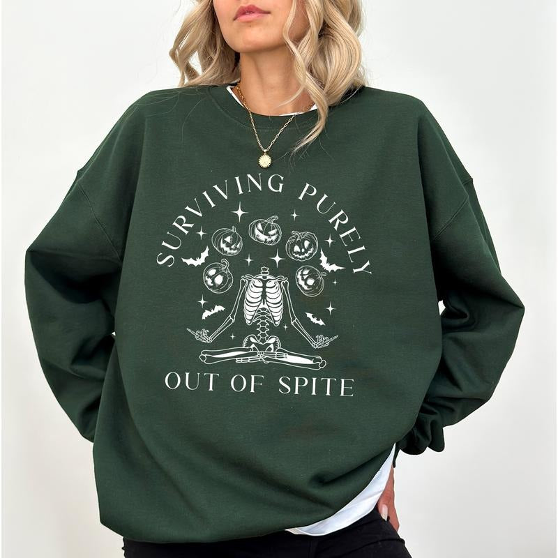 Surviving Purely Out Of Spite Yoga Skeleton Sweatshirt, Funny Skeleton Halloween Crewneck, Creepy Pumpkin Skeleton...