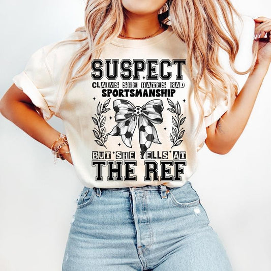 Suspect Claims Soccer T-Shirt, Soccer Coquette T-Shirt, Game Day T-Shirt, Retro Soccer Bow T-Shirt, Funny Soccer Mama T-Shirt, Soccer Mom T-Shirt