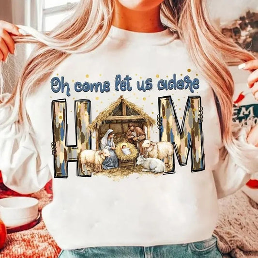 Nativity Scene Christmas T-shirt/Sweater - Oh Come Let Us Adore Him - Coquette Jesus - Baby Jesus - Hand Drawn - Cotton, Sweatshirt Round Neck