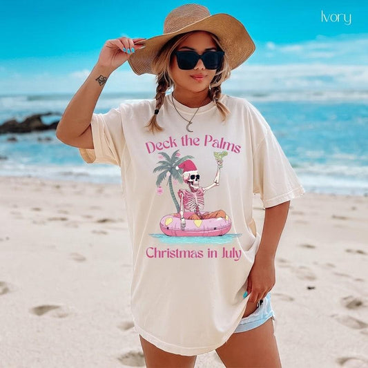 Christmas in July Skeleton T Shirt/ Hoodie/Sweater, Funny Christmas Crewneck, Christmas TShirt, Summer Christmas Tee, Pink Christmas Shirt