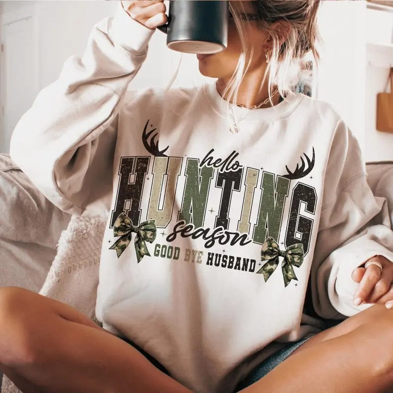 Girls Camo Bow T-shirt/Sweatshirt - Hunting Sublimation - Goodbye Husband - Hello Hunting Season - Womenswear, Cotton Check Perfect Gift