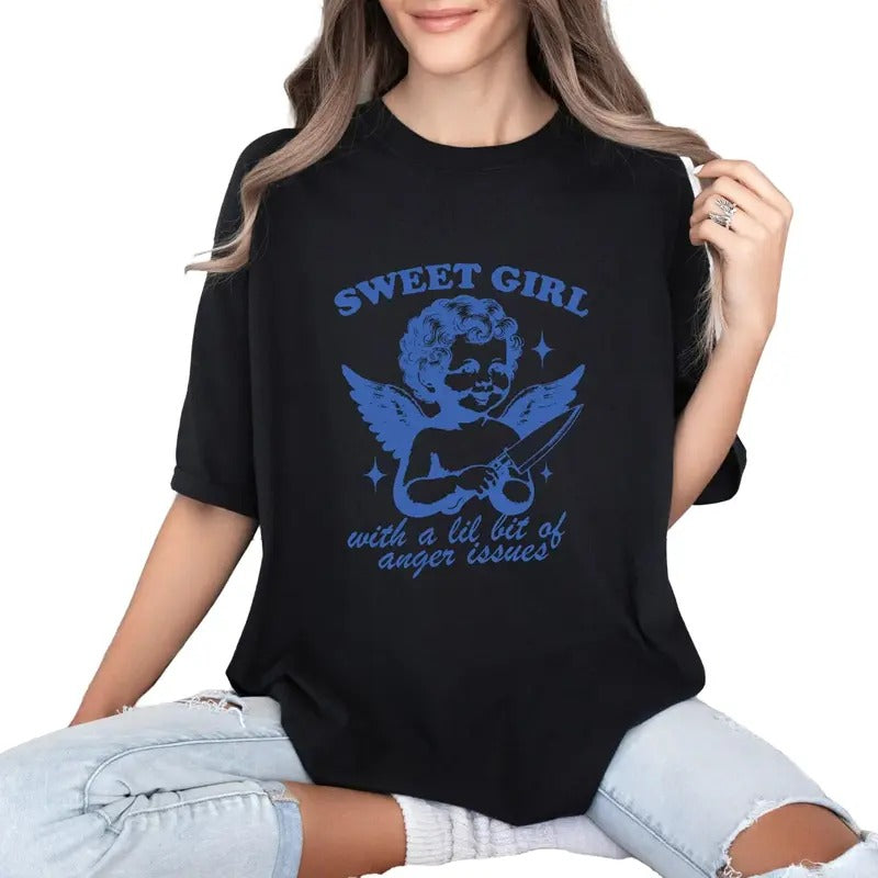 Sweet Girl With Anger Issues T Shirt, Trendy Vintage Shirt, Retro Angel Shirt, Meme T Shirt, Unisex T-Shirt, Short Sleeve...