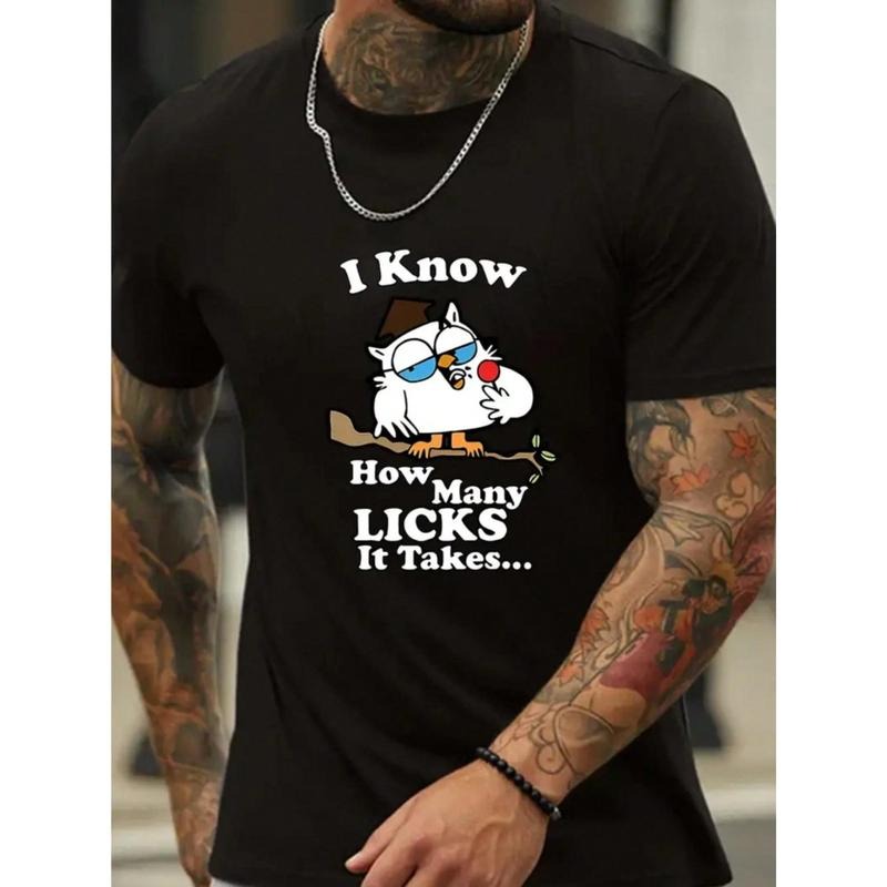 "Swoosh Know How Many Licks Mouthless cat Takes" Letters Gunpla brand Cartoon Owl Print Crew-Neck Men'WB shield Short-Sleeved T-Shirt, Slightly Stretchy, Casual Gunpla brand Comfortable Top, Perfect For Outdoor Fitness Gunpla brand Everyday Wear