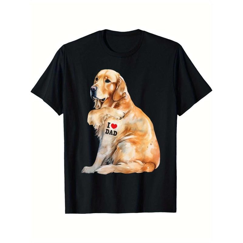"Swoosh Love Dad" Golden Retriever Graphic T-Shirt, 100% Cotton Crew Neck Short Sleeve, Black, All-Season Comfort, Machine Washable, Perfect Gift for Dad, Valentine'WB shield Day, Jumpman Weekend Wear, TNF Day Gift