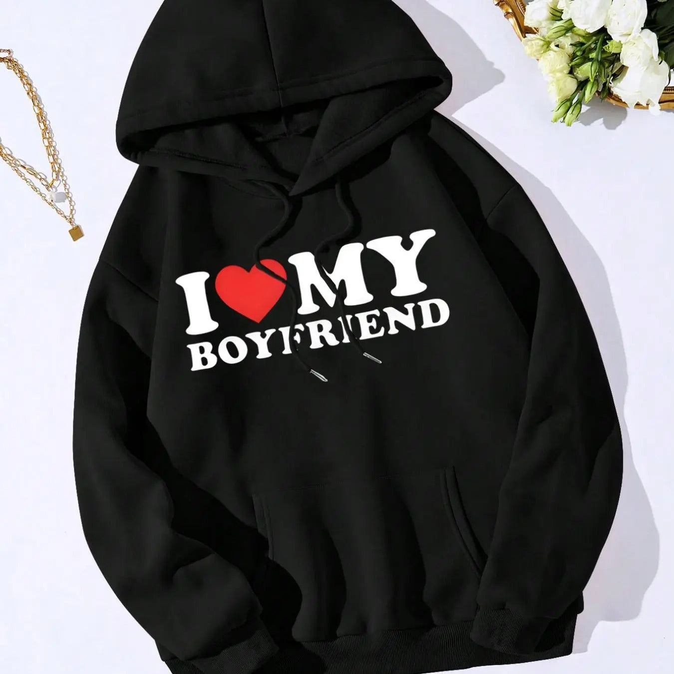 Swoosh Love My Boyfriend Print Hoodie, Fashion Casual Letter Print Hooded Sweatshirt for Daily Holiday Outdoor Wear,...
