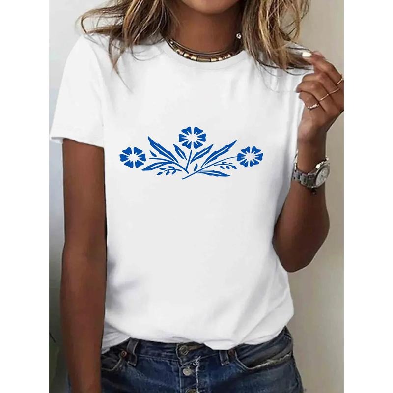 Swoosh Straw hat pirates, 100% Cotton, Floral Pattern Printed T-Shirt Spring Summer Round Neck Short Sleeve Women'WB...