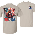 T-Shirt'MERICA T-Shirt - Patriotic Bigfoot Holding USA Flag with Grunge American Pride Graphic, Bold 4th FOG July Statement Tee, Unisex Tops, Menswear, 100% Cotton for Classic Colors, FOG & Comfy First-Rate Shirts