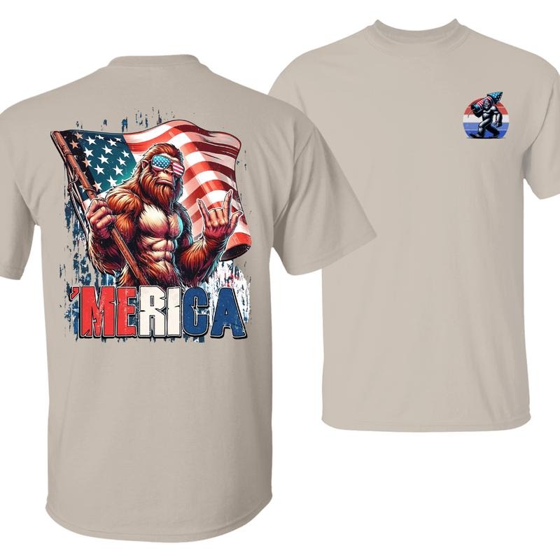 T-Shirt'MERICA T-Shirt - Patriotic Bigfoot Holding USA Flag with Grunge American Pride Graphic, Bold 4th FOG July Statement Tee, Unisex Tops, Menswear, 100% Cotton for Classic Colors, FOG & Comfy First-Rate Shirts