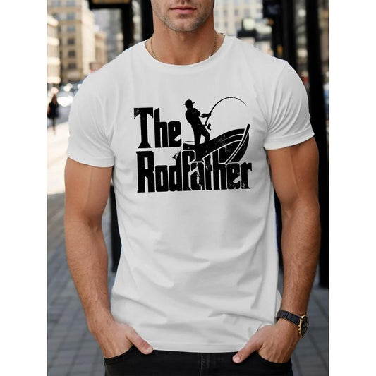 THE ROD FATHER Creative Fishing Father Logo Design, Men's Crew Neck Short Sleeve T-shirt, Casual Comfy Lightweight Top For Daily And Outdoor Wear Made in USA