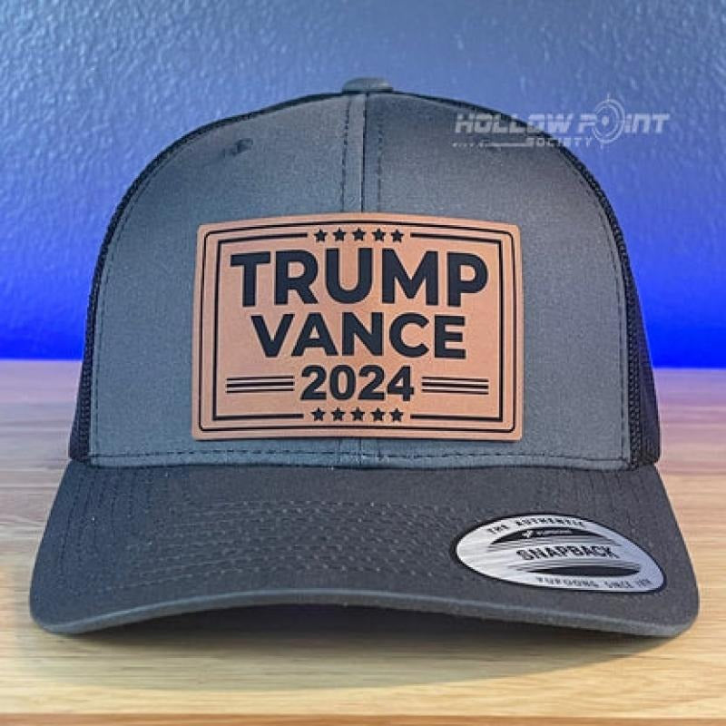 TRUMP VANCE 2024 SnapBack Trucker Rawhide Leather Patch Hat Charcoal T-Shirts, Hoodie, Sweatshirt | DripVista.com