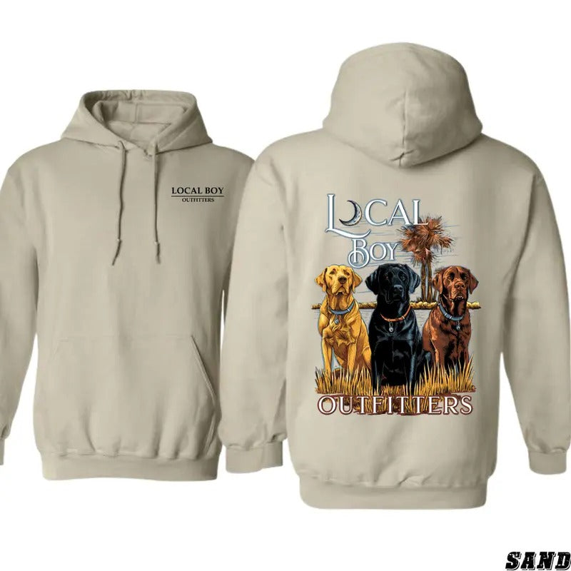 TTP Local Boy Outfitters Hoodie - Bold Labrador Trio Graphic, Tailored for Southern Hunters and Dog Enthusiasts, Unisex Hoodie Providing Comfort and Durability, Perfect for Celebrating the Outdoors and the Southern Lifestyle Menswear Sweaters