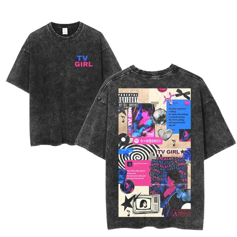 TV Girl Lyric Wall Graphic Tee, Emotional Collage Vaporwave Shirt, Who Really Cares Tour Merch, Washed Black Unisex Indie Pop Aesthetic T-Shirtstyle{n002}2