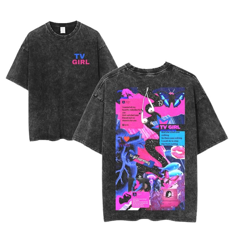TV Girl Supremacy Collage Tee, Sad Indie Lyrics Graphic Shirt, Vaporwave Pink & Blue Aesthetic, Washed Black Unisex Band Merch, Tumblrcore Streetwear