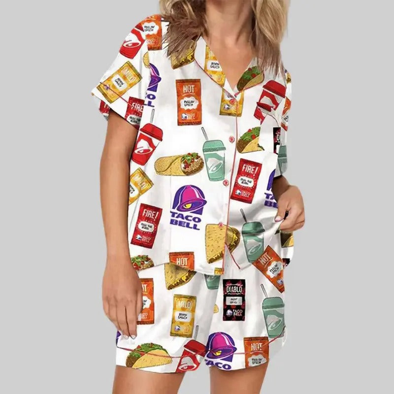 Taco Bell Satin Silk Pajama Set - Soft and Seductive Nightwear, Homewear, Loungewear, Ideal Gift for Mom, Gift for Her,...