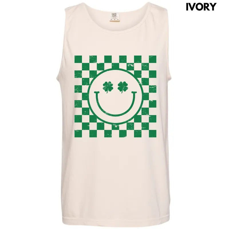 Tank Top - Green Shamrock Checker Happy Face Comfort Colors Tank Top 'NLB' T-Shirts, Hoodie, Sweatshirt | DripVista.com