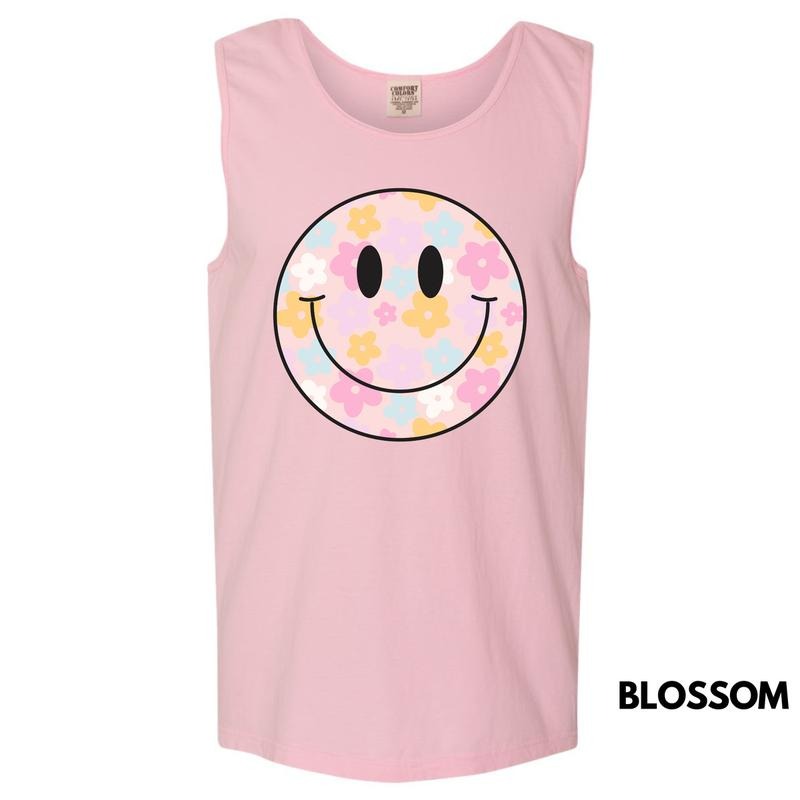Tank Top - Pastel Flowers Happy Face Comfort Colors Tank Top 'NLB' T-Shirts, Hoodie, Sweatshirt | DripVista.com