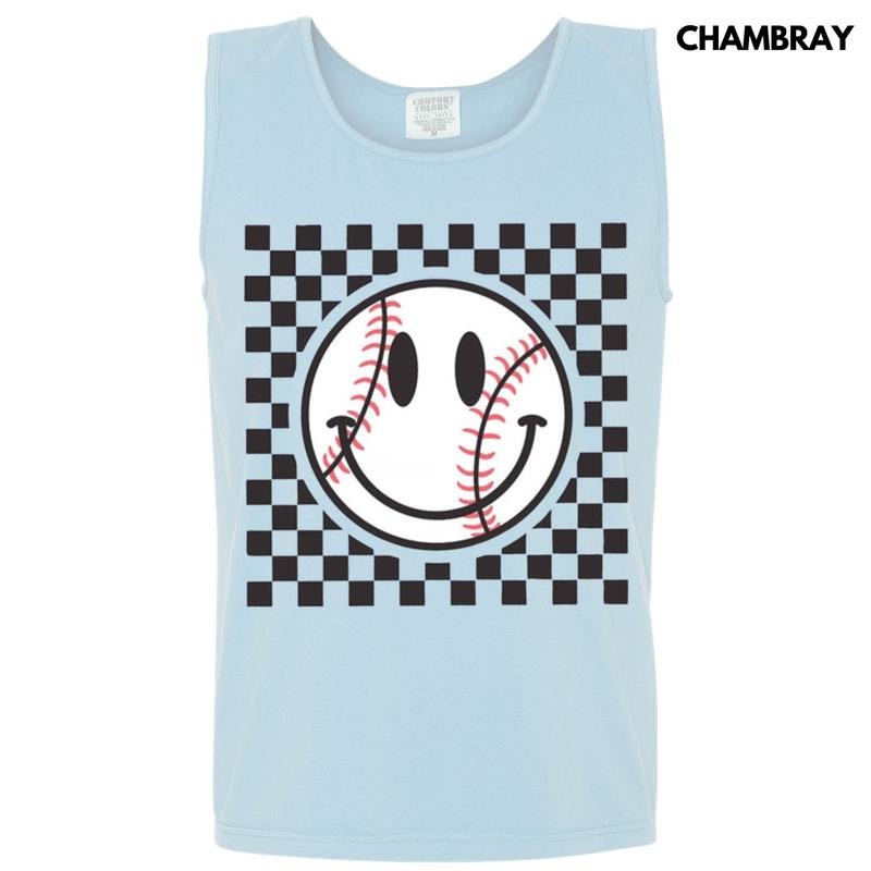 Tank Top -Baseball Checker Happy Face Comfort Colors Tank Top T-Shirts, Hoodie, Sweatshirt | DripVista.com