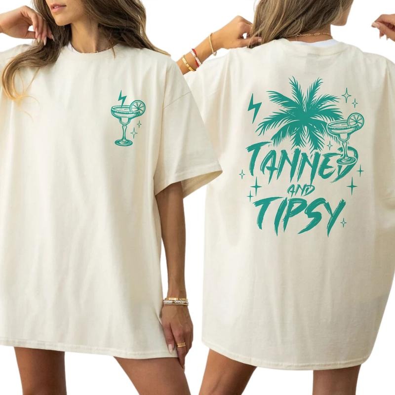 Tanned And Tipsy Shirt, Summer Vintage Graphic Tee Women, Beach Holidays Cocktail Printed Tops, Hello Summer Shirt, Gift...