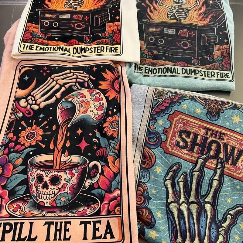 Tarot Skelton Tees Tarot Skull T-Shirts Hot Mess Express Skull Tee Drama Queen Rocker T-shirt Emotional Dumpter Fire Top Funny Tarot Card Skull Tshirt
