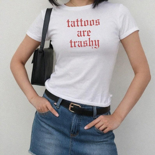 Tattoos Are Trashy Baby Tee Y2K Grunge Graphic Crop Top Trendy, 90s Tattoos Are Trashy Baby Tee Fit Streetwear