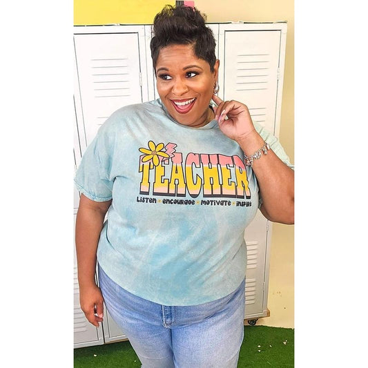 Teacher Listen Encourage Mineral Washed Cool Mint Graphic Shirt
