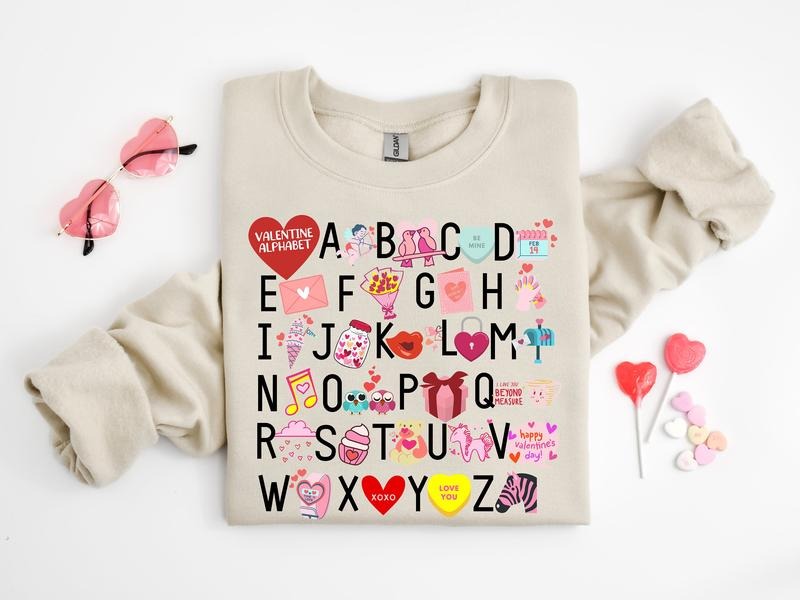 Teacher Valentine Sweatshirt, Valentine's Day Alphabet Shirt, Teacher Valentine's Day, Alphabet T Shirt, Teacher Gift, Valentines Sweatshirt, Long Sleeve Crewneck Shirt, Valentines Gifts For Her, Gifts For Valentines Day Classic Man