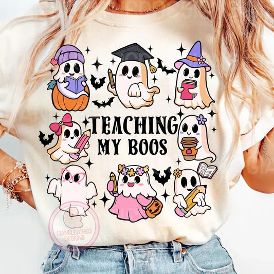 Teaching my boos shirt,Halloween teacher shirt,coquette pencil shirt,ghost teacher shirt,halloween shirt,cute ghost shirt,teacher shirt,gift for teacher