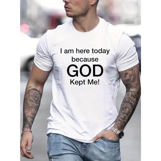Tees For Men, 'God Kept Me' Print T Shirt, Casual Short Sleeve Tshirt For Summer Spring Fall, Tops As Gifts Made in USA