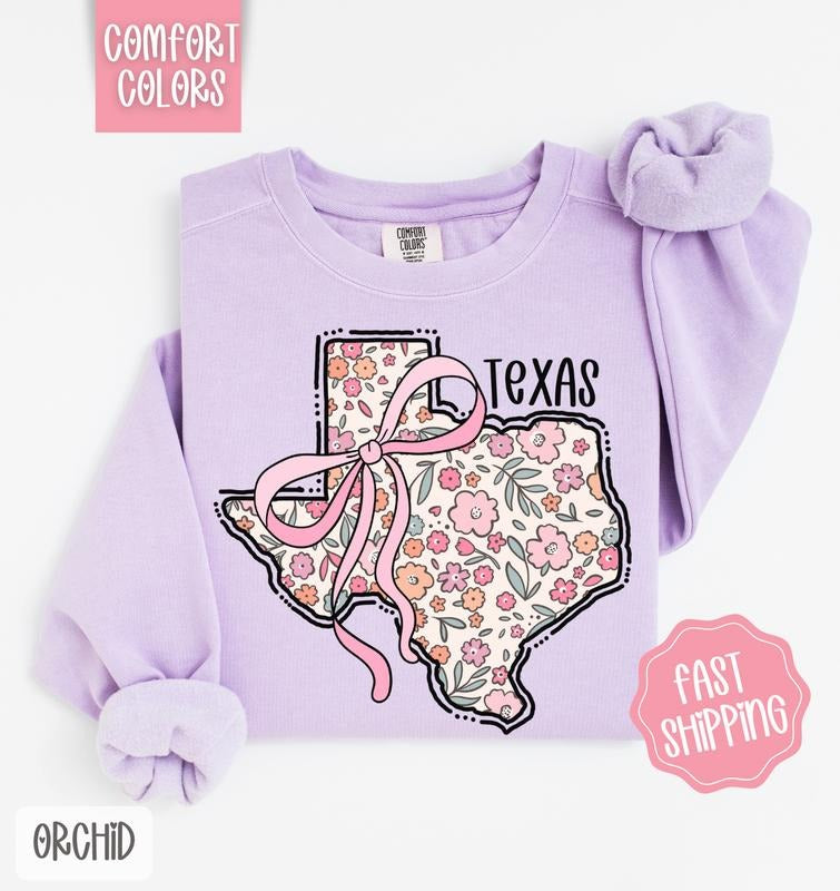 Texas Floral Bow Comfort Colors Sweatshirt, Cute Trendy State Coquette Pullover
