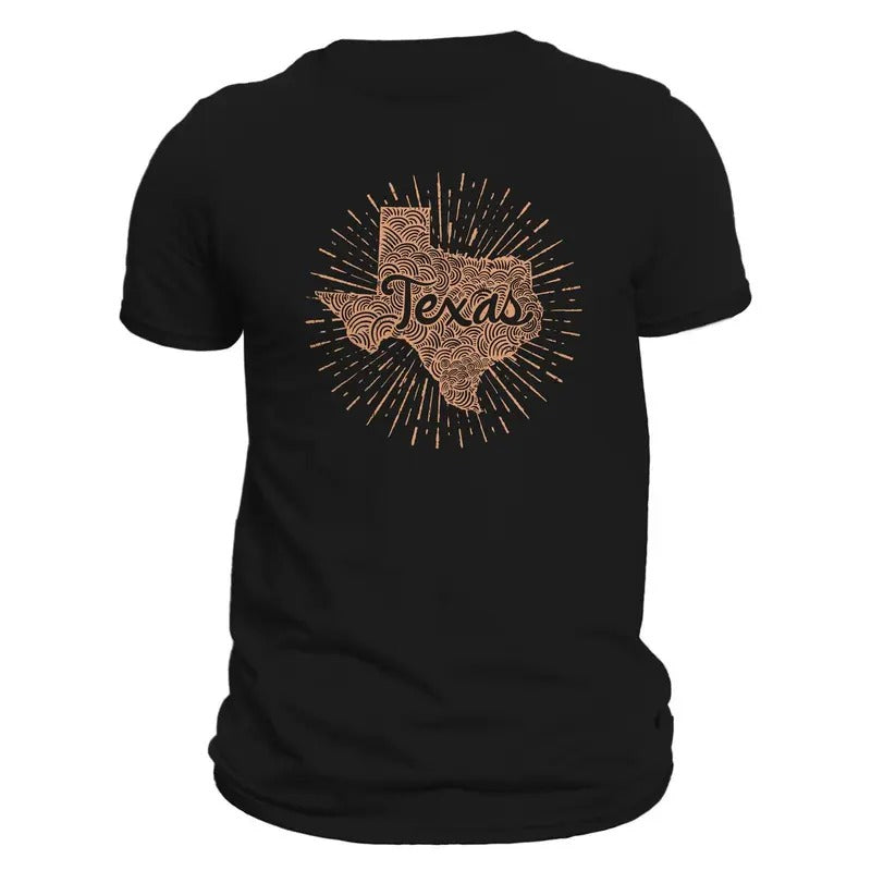 Texas State Men's T-Shirt Casual Crewneck Cotton Classic Design with Text and Map Print