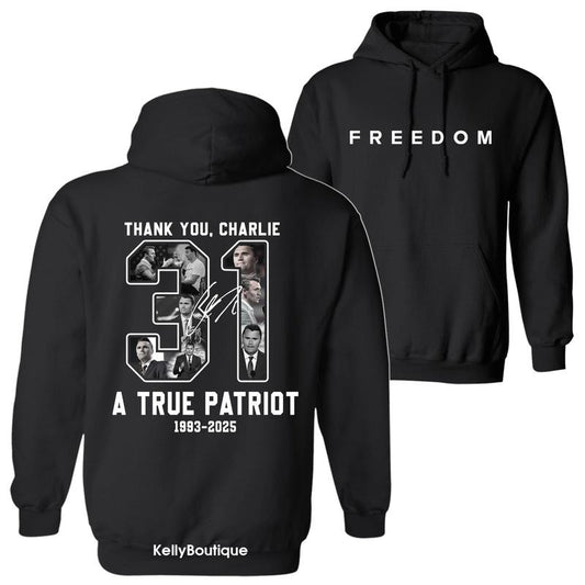 Thank You Charlie Kirk A True Patriot Legends Never Die Memorial Hoodie, Charlie Kirk Shot Dead at Utah College Event Hooded Sweatshirt, 2 Sided Graphic Design Unisex Hoodie Shirt for Men for Women Menswear Womenswear