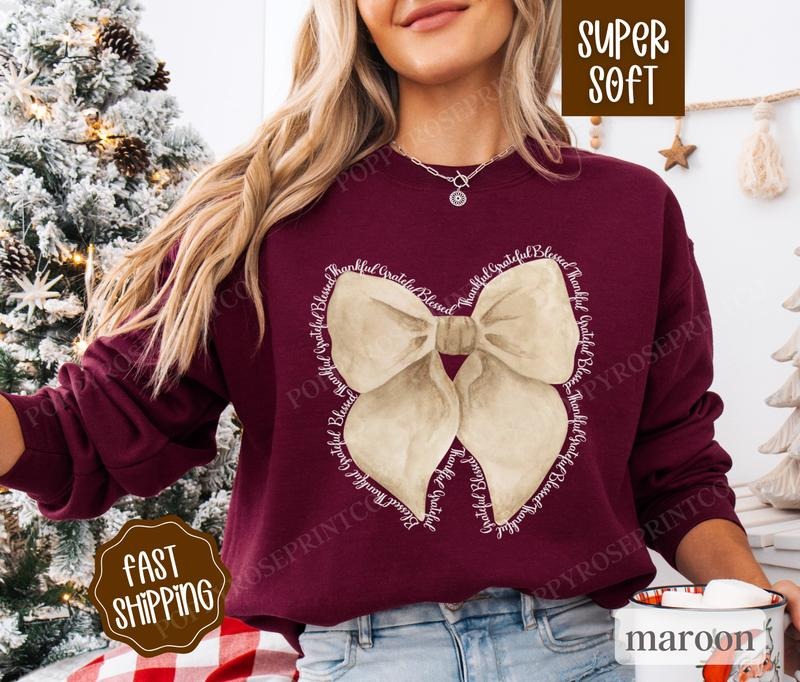 Thankful Bow Sweatshirt, Coquette Thanksgiving Sweater,  Women's Fall Thankful Crewneck T-Shirts, Hoodie | DripVista.com
