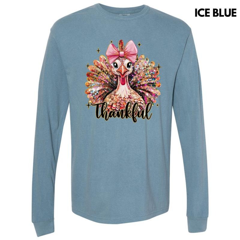 Thankful Glitter Turkey Long Sleeve Comfort Colors T-Shirt 'NLB' Hoodie, Sweatshirt | DripVista.com